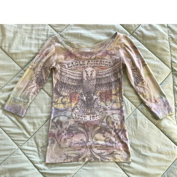 Women Eagle Graphic 3/4 Short Sleeve Short Medium- New - Picture 2 of 3
